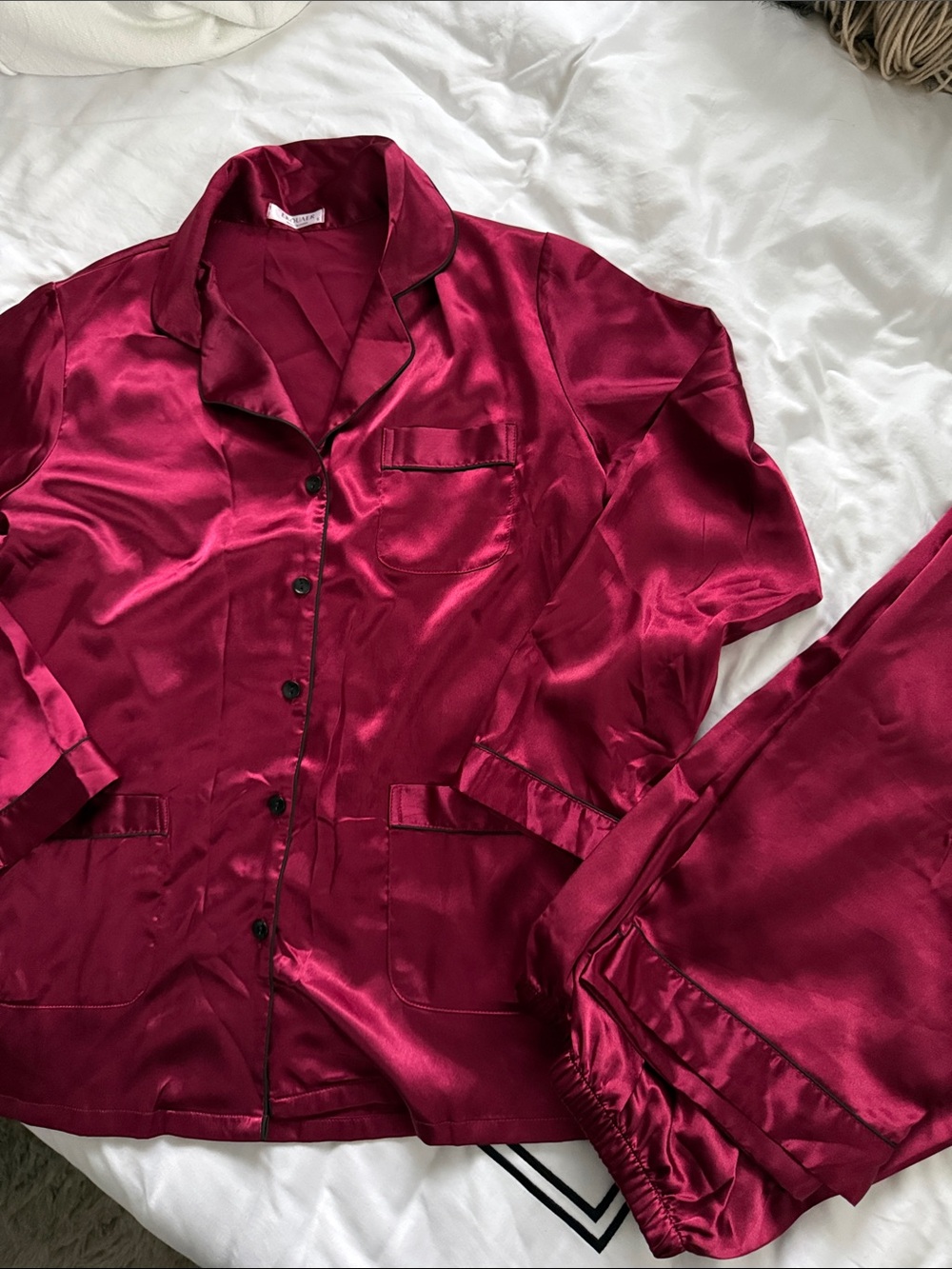 Satin Pajama Set - Berry Red Long Sleeve Top & Pants